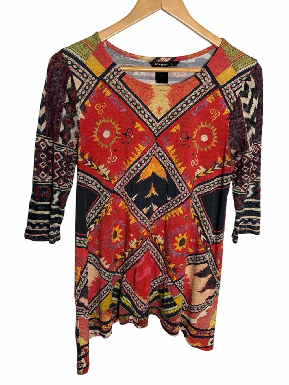 Desigual tribal embroidered mixed fabric tunic top size L